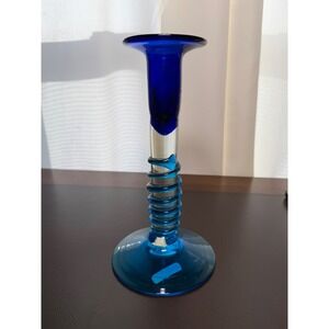 Mesa International Blue Hand Blown Glass Candlestick Holder Spiral Stem Mexico